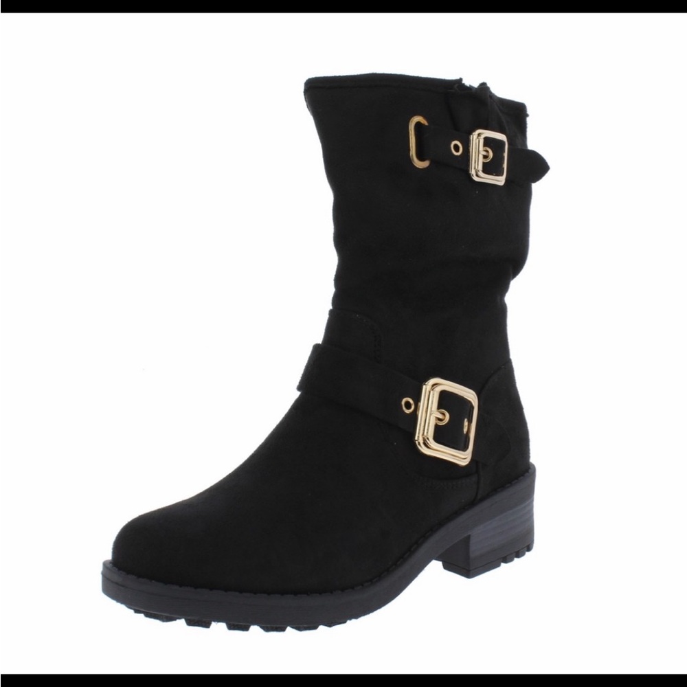 Moto manmade suede look boots with gold buckles